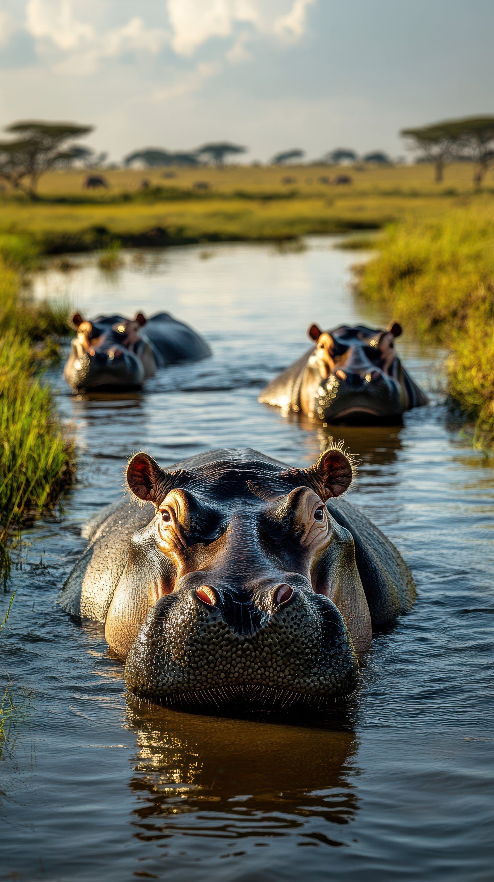 Three hippos basking in the golden light of late afternoon in an African wetland